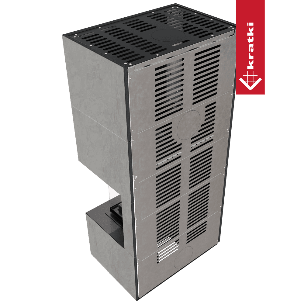Kratki Kaminbausatz KRATKI FLOKI BOX rechts 8 kW Ø 160 Quarzsinter CEMENTO GRIGIO BOCCIARDATA