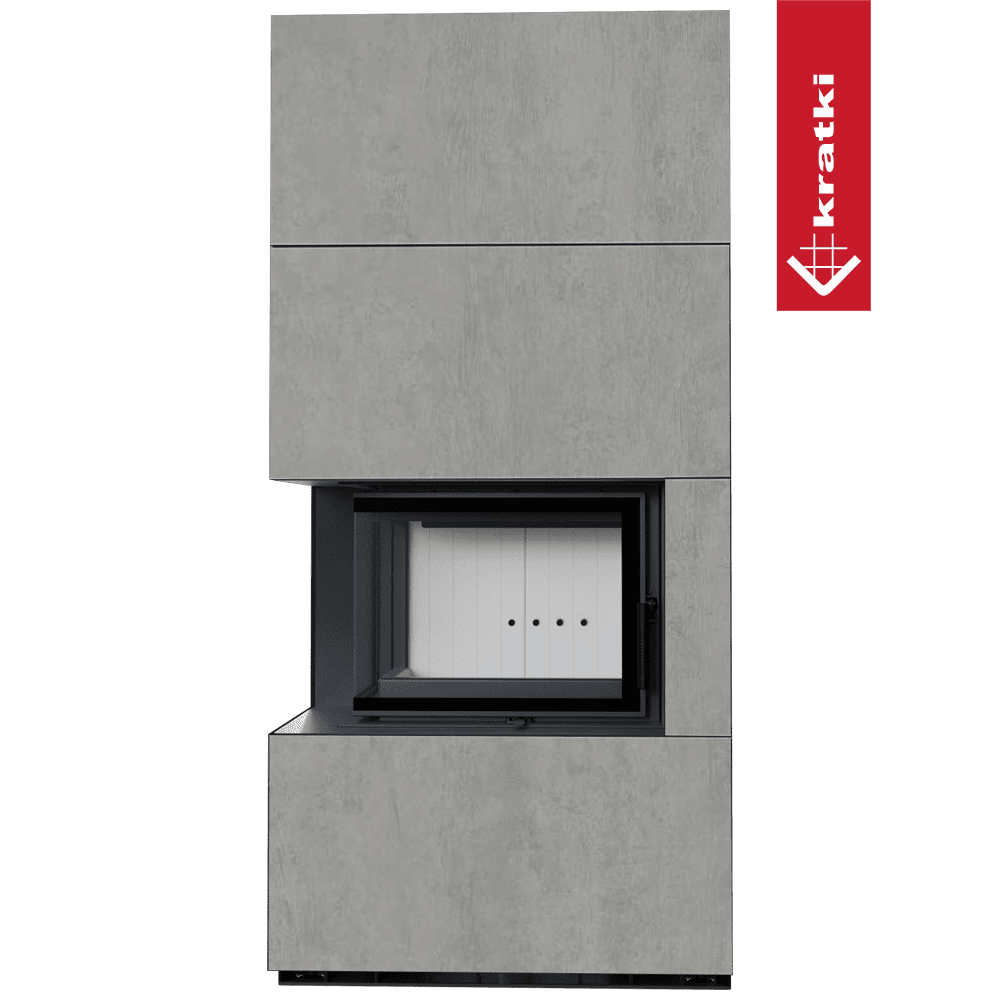 Kratki Kaminbausatz KRATKI FLOKI BOX links 8 kW Ø 160 Quarzsinter CEMENTO GRIGIO BOCCIARDATA