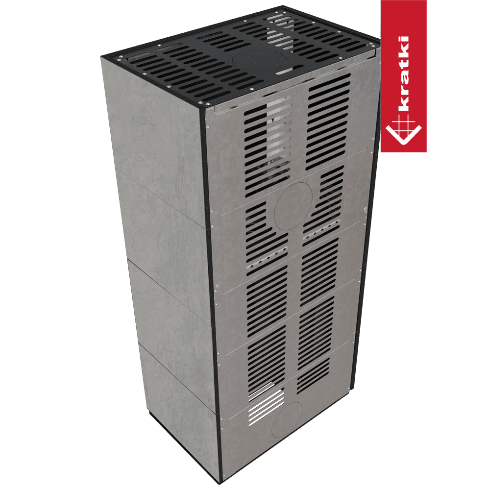 Kratki Kaminbausatz KRATKI FLOKI BOX links 8 kW Ø 160 Quarzsinter CEMENTO GRIGIO BOCCIARDATA