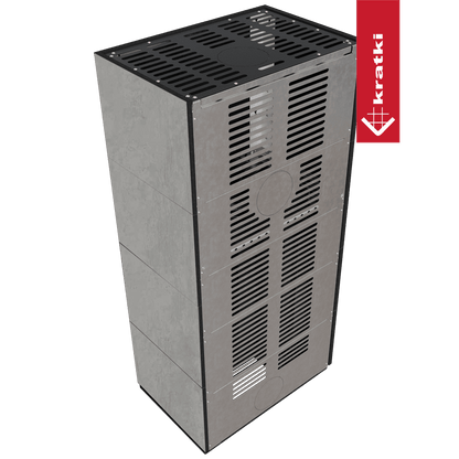 Kratki Kaminbausatz KRATKI FLOKI BOX links 8 kW Ø 160 Quarzsinter CEMENTO GRIGIO BOCCIARDATA