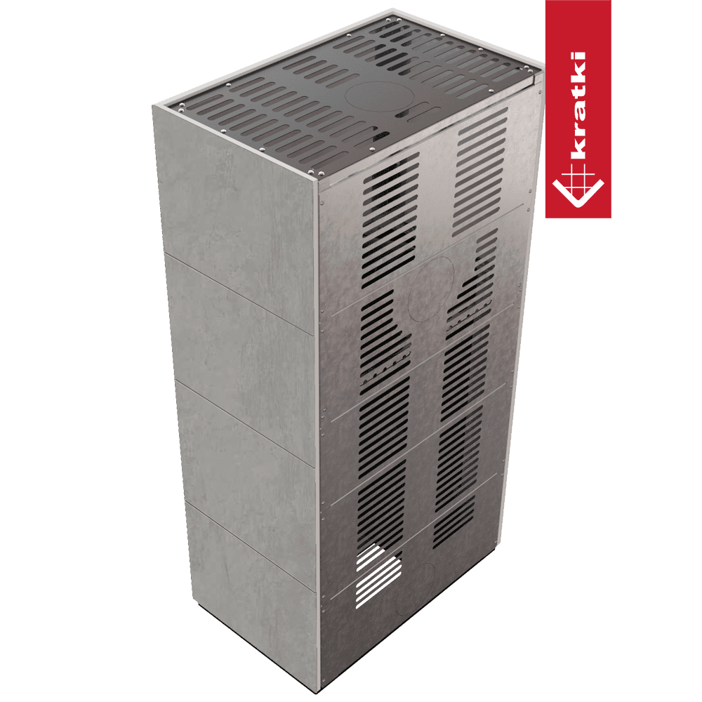 Kratki Kaminbausatz KRATKI FLOKI BOX 8 kW Ø 160 Quarzsinter CEMENTO GRIGIO BOCCIARDATA