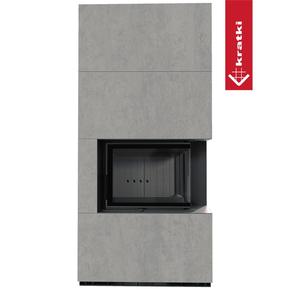 Kratki Kaminbausatz KRATKI FLOKI BOX rechts 8 kW Ø 160 Quarzsinter CEMENTO GRIGIO BOCCIARDATA schwarz Verkleidung