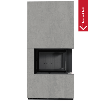 Kratki Kaminbausatz KRATKI FLOKI BOX rechts 8 kW Ø 160 Quarzsinter CEMENTO GRIGIO BOCCIARDATA schwarz Verkleidung