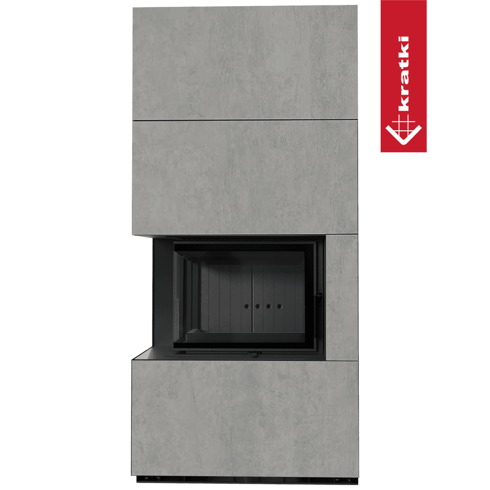 Kratki Kaminbausatz KRATKI FLOKI BOX links 8 kW Ø 160 Quarzsinter CEMENTO GRIGIO BOCCIARDATA schwarz Verkleidung