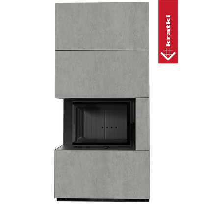 Kratki Kaminbausatz KRATKI FLOKI BOX links 8 kW Ø 160 Quarzsinter CEMENTO GRIGIO BOCCIARDATA schwarz Verkleidung