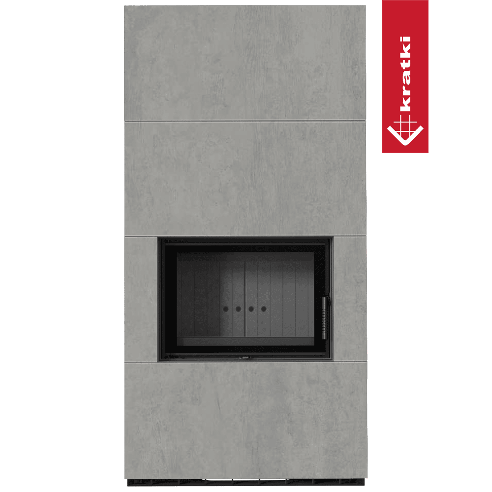 Kratki Kaminbausatz KRATKI FLOKI BOX 8 kW Ø 160 Quarzsinter CEMENTO GRIGIO BOCCIARDATA schwarz Verkleidung