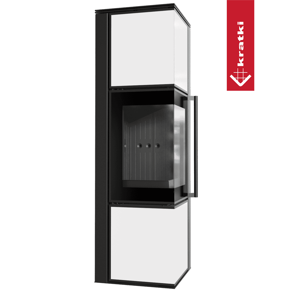 Kratki Kaminofen aus Stahl KRATKI TORA/M 8 kW Ø 150 Weißes Glaspaneel schwarz Verkleidung mit Türfeder