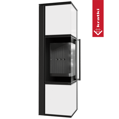 Kratki Kaminofen aus Stahl KRATKI TORA/M 8 kW Ø 150 Weißes Glaspaneel schwarz Verkleidung mit Türfeder