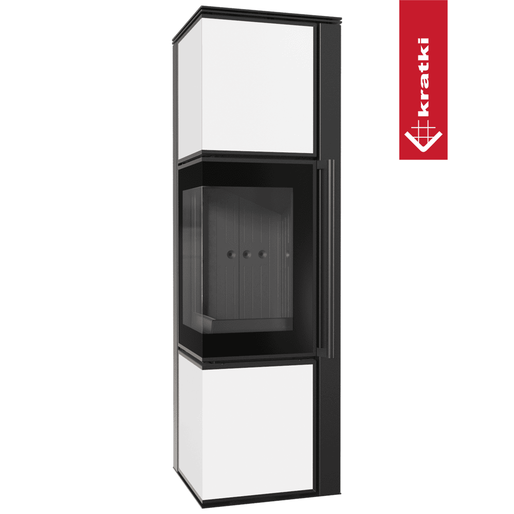 Kratki Kaminofen aus Stahl KRATKI TORA/M 8 kW Ø 150 Weißes Glaspaneel schwarz Verkleidung mit Türfeder