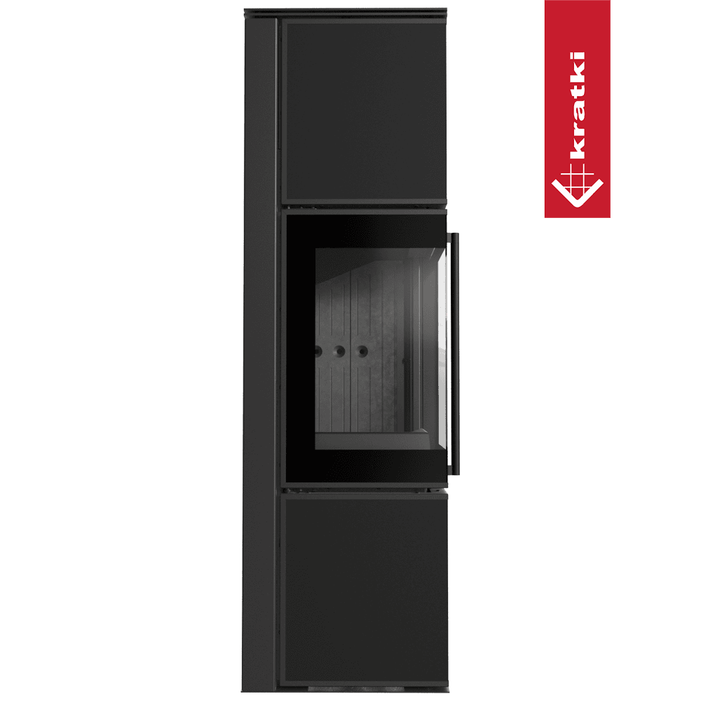 Kratki Kaminofen aus Stahl KRATKI TORA/M 8 kW Ø 150 Quarzsinter Nero Assoluto schwarz Verkleidung mit Türfeder