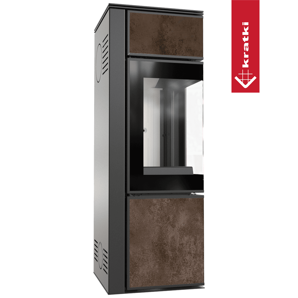 Kratki Kaminofen aus Stahl KRATKI TORA/S 8 kW Ø 150 Quarzsinter OXIDE MORO mit Türfeder