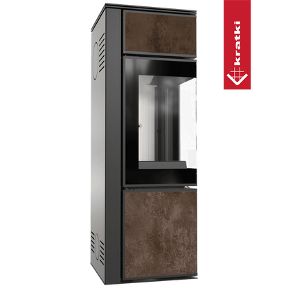 Kratki Kaminofen aus Stahl KRATKI TORA/S 8 kW Ø 150 Quarzsinter OXIDE MORO mit Türfeder