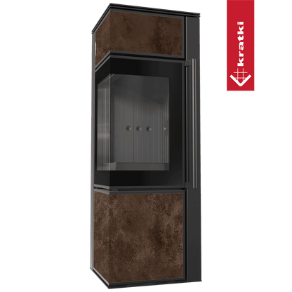 Kratki Kaminofen aus Stahl KRATKI TORA/S 8 kW Ø 150 Quarzsinter OXIDE MORO schwarz Verkleidung mit Türfeder