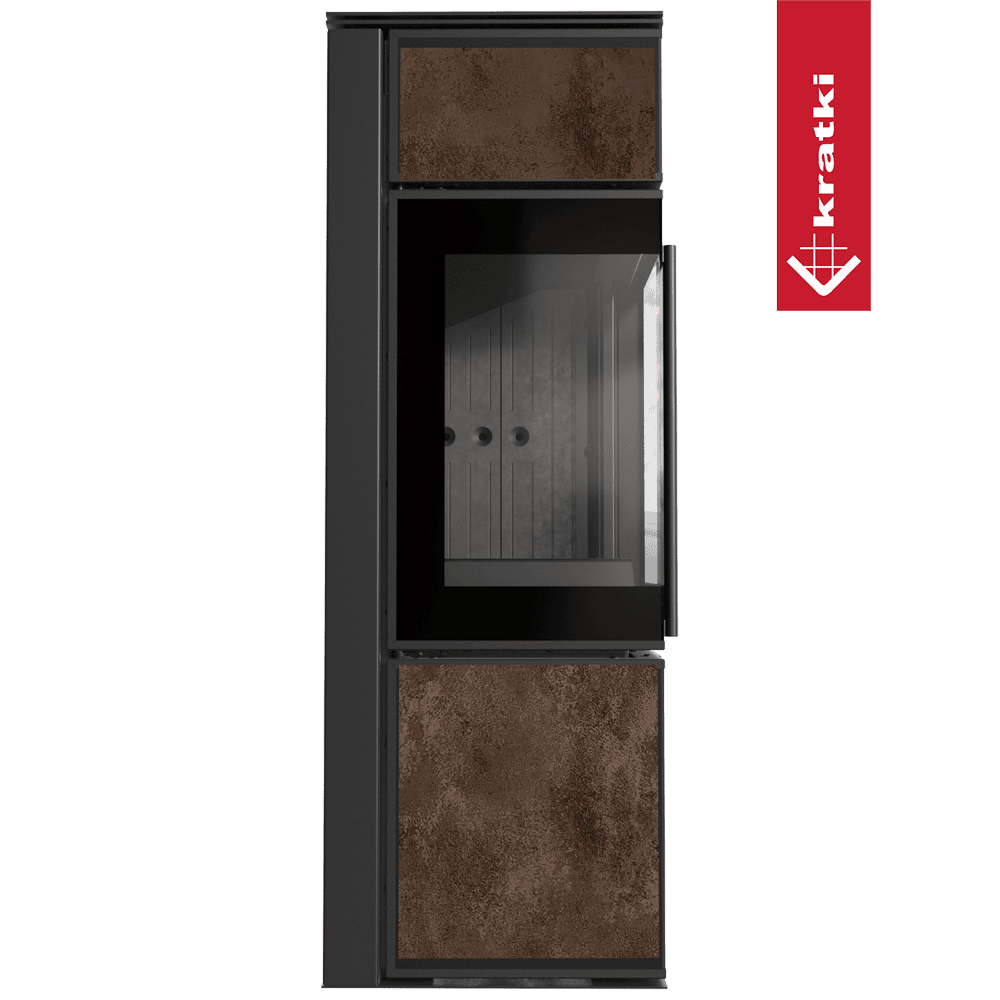 Kratki Kaminofen aus Stahl KRATKI TORA/S 8 kW Ø 150 Quarzsinter OXIDE MORO schwarz Verkleidung mit Türfeder