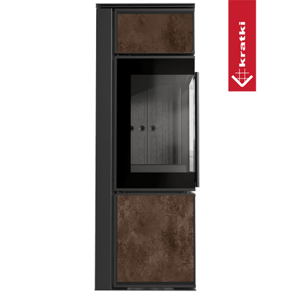 Kratki Kaminofen aus Stahl KRATKI TORA/S 8 kW Ø 150 Quarzsinter OXIDE MORO schwarz Verkleidung mit Türfeder
