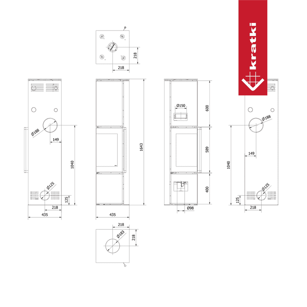 Kratki Kaminofen aus Stahl KRATKI TORA/L 8 kW Ø 150 Quarzsinter OXIDE MORO mit Türfeder