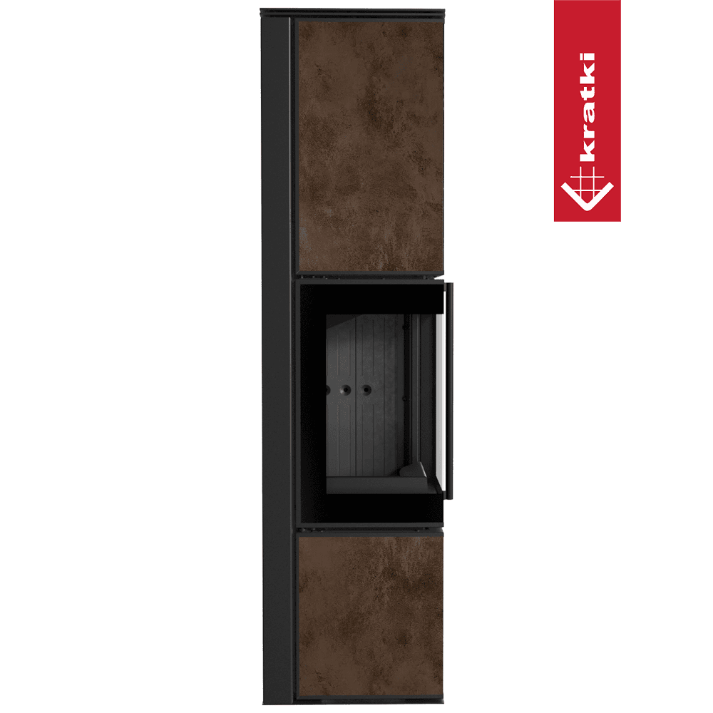 Kratki Kaminofen aus Stahl KRATKI TORA/L 8 kW Ø 150 Quarzsinter OXIDE MORO schwarz Verkleidung mit Türfeder