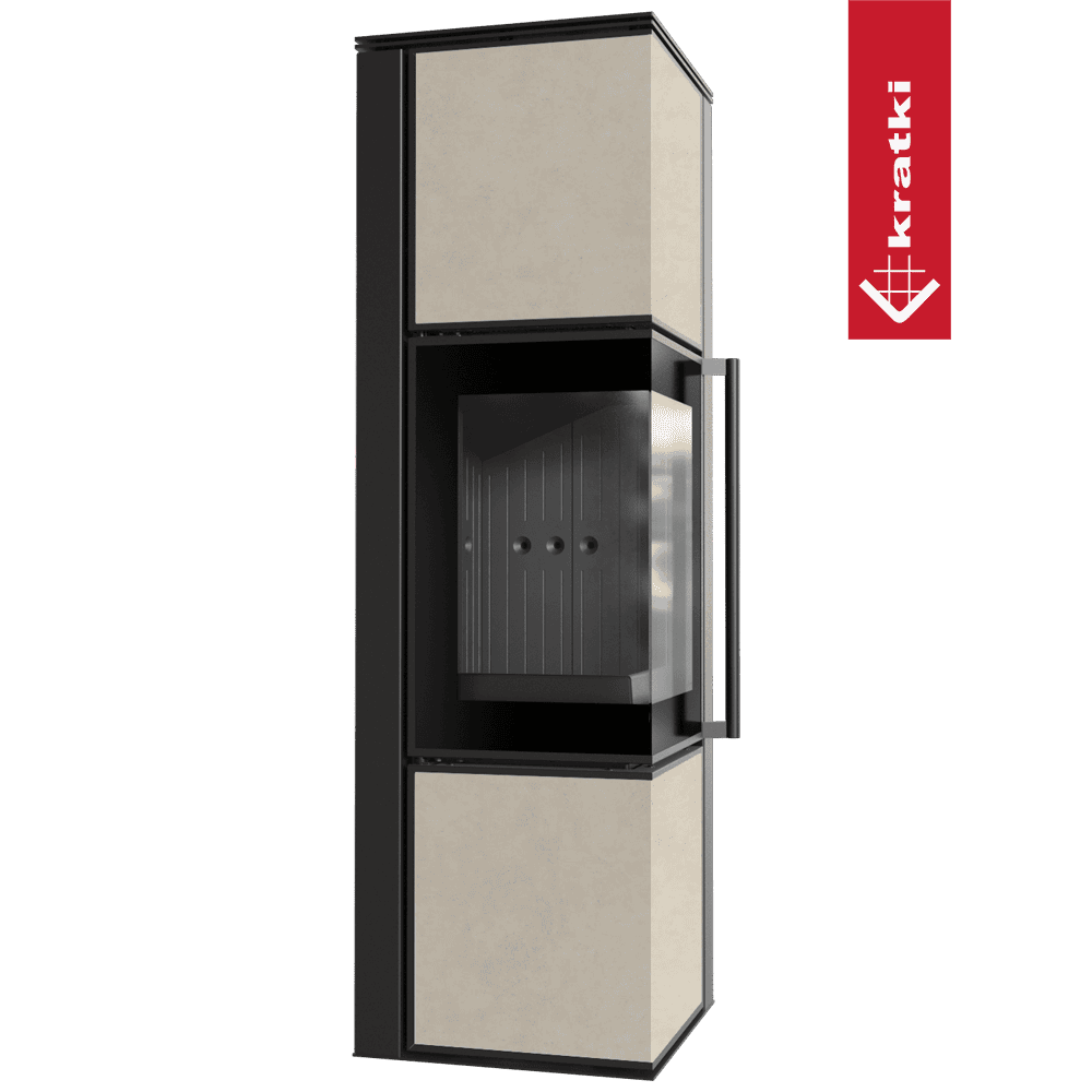 Kratki Kaminofen aus Stahl KRATKI TORA/M 8 kW Ø 150 Quarzsinter FOKOS SALE schwarz Verkleidung mit Türfeder
