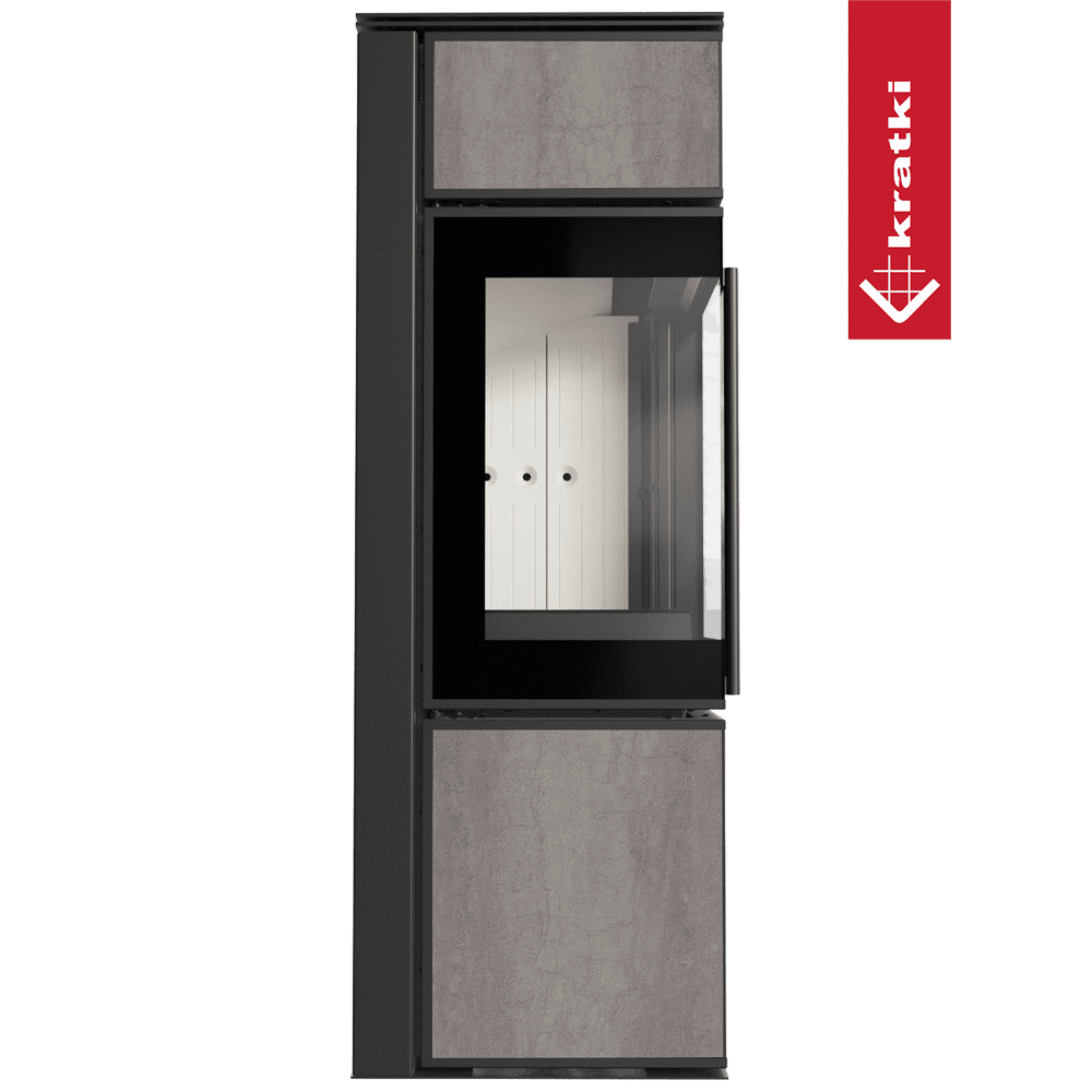 Kratki Kaminofen aus Stahl KRATKI TORA/S 8 kW Ø 150 Quarzsinter NATURALI PIETRA DI SAVOIA GRIGIA BOCCIARDATA