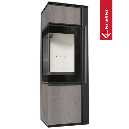 Kratki Kaminofen aus Stahl KRATKI TORA/S 8 kW Ø 150 Quarzsinter NATURALI PIETRA DI SAVOIA GRIGIA BOCCIARDATA mit Türfeder
