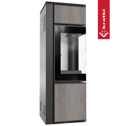 Kratki Kaminofen aus Stahl KRATKI TORA/S 8 kW Ø 150 Quarzsinter NATURALI PIETRA DI SAVOIA GRIGIA BOCCIARDATA mit Türfeder
