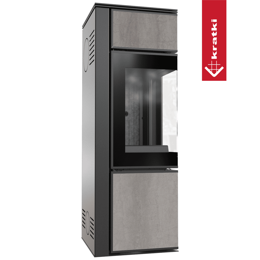 Kratki Kaminofen aus Stahl KRATKI TORA/S 8 kW Ø 150 Quarzsinter NATURALI PIETRA DI SAVOIA GRIGIA BOCCIARDATA schwarz Verkleidung