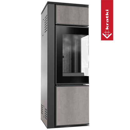Kratki Kaminofen aus Stahl KRATKI TORA/S 8 kW Ø 150 Quarzsinter NATURALI PIETRA DI SAVOIA GRIGIA BOCCIARDATA schwarz Verkleidung