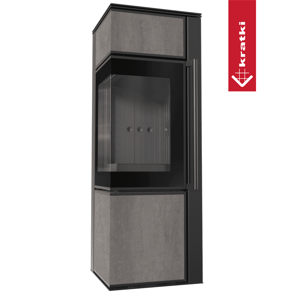 Kratki Kaminofen aus Stahl KRATKI TORA/S 8 kW Ø 150 Quarzsinter NATURALI PIETRA DI SAVOIA GRIGIA BOCCIARDATA schwarz Verkleidung