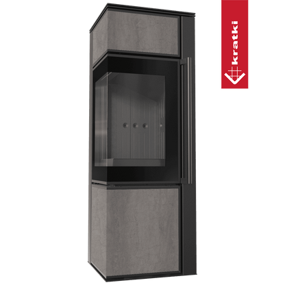 Kratki Kaminofen aus Stahl KRATKI TORA/S 8 kW Ø 150 Quarzsinter NATURALI PIETRA DI SAVOIA GRIGIA BOCCIARDATA schwarz Verkleidung