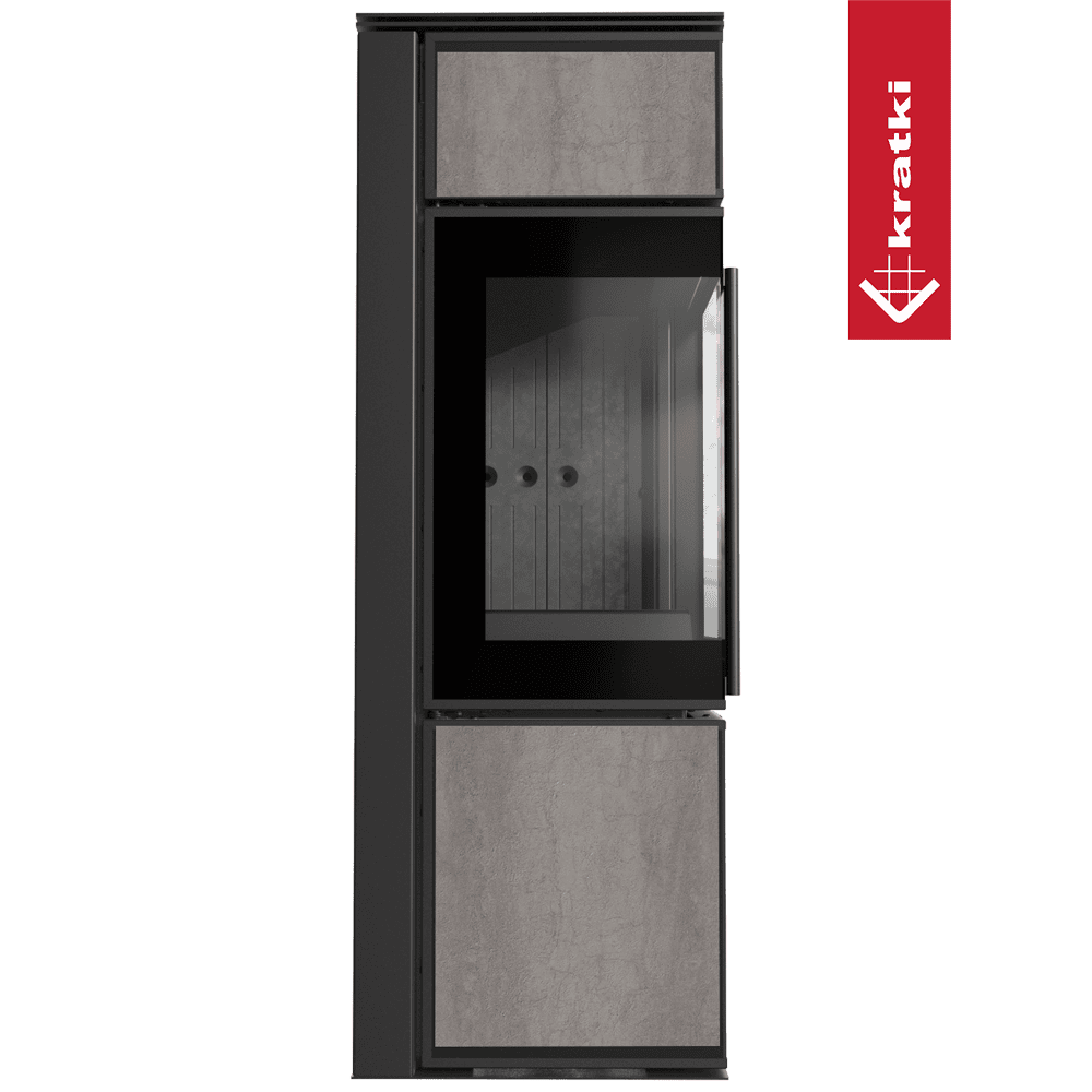 Kratki Kaminofen aus Stahl KRATKI TORA/S 8 kW Ø 150 Quarzsinter NATURALI PIETRA DI SAVOIA GRIGIA BOCCIARDATA schwarz Verkleidung
