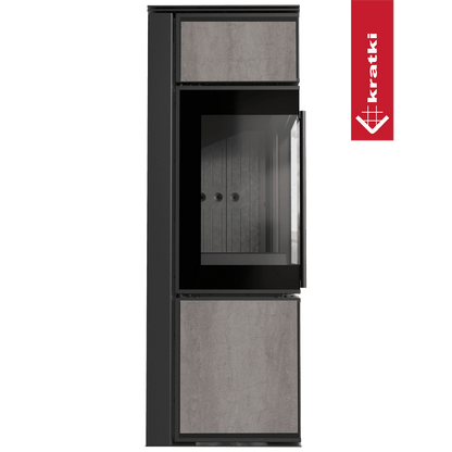 Kratki Kaminofen aus Stahl KRATKI TORA/S 8 kW Ø 150 Quarzsinter NATURALI PIETRA DI SAVOIA GRIGIA BOCCIARDATA schwarz Verkleidung