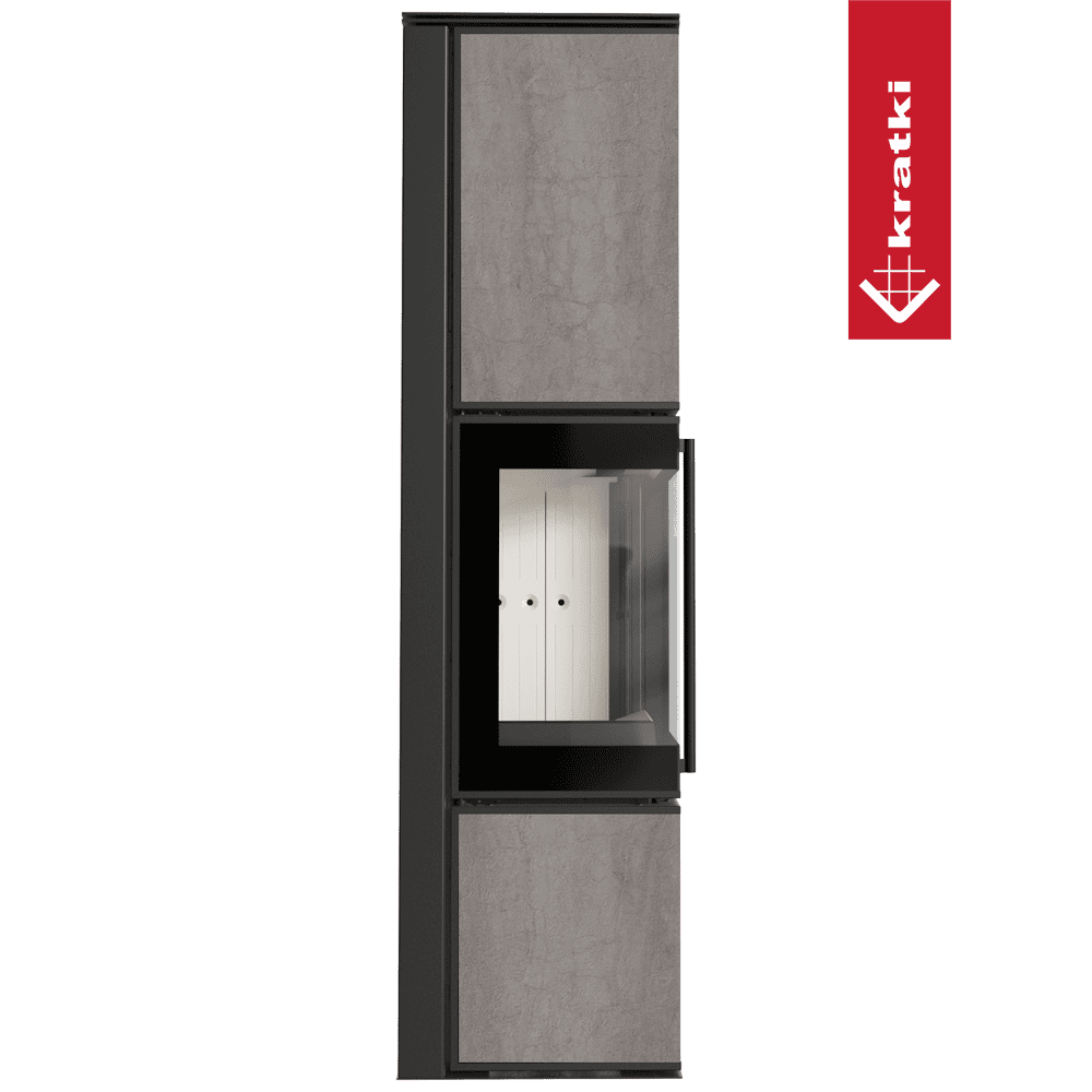 Kratki Kaminofen aus Stahl KRATKI TORA/L 8 kW Ø 150 Quarzsinter NATURALI PIETRA DI SAVOIA GRIGIA BOCCIARDATA