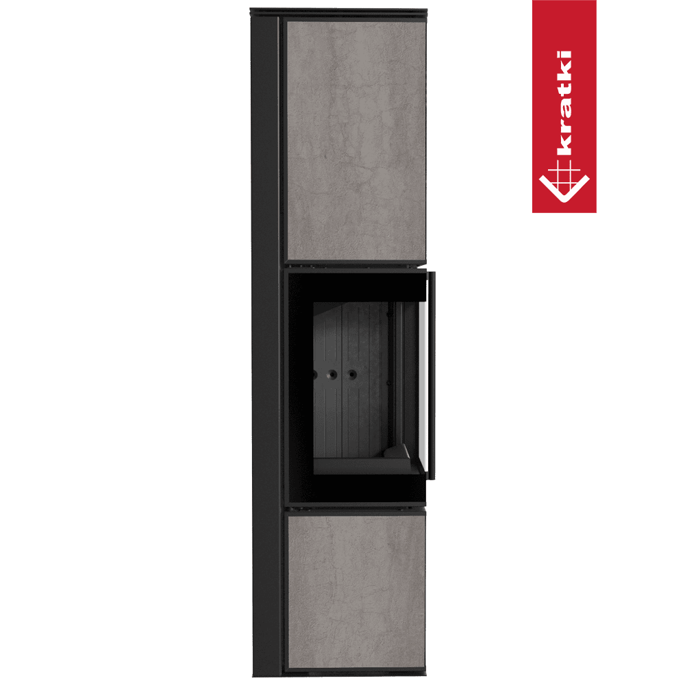 Kratki Kaminofen aus Stahl KRATKI TORA/L 8 kW Ø 150 Quarzsinter NATURALI PIETRA DI SAVOIA GRIGIA BOCCIARDATA schwarz Verkleidung mit Türfeder