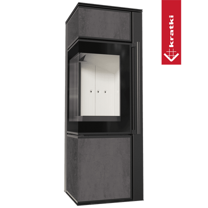 Kratki Kaminofen aus Stahl TORA/S 8 kW Ø 150 Quarzsinter NATURALI PIETRA DI SAVOIA ANTRANCITE BOCCIARDATA