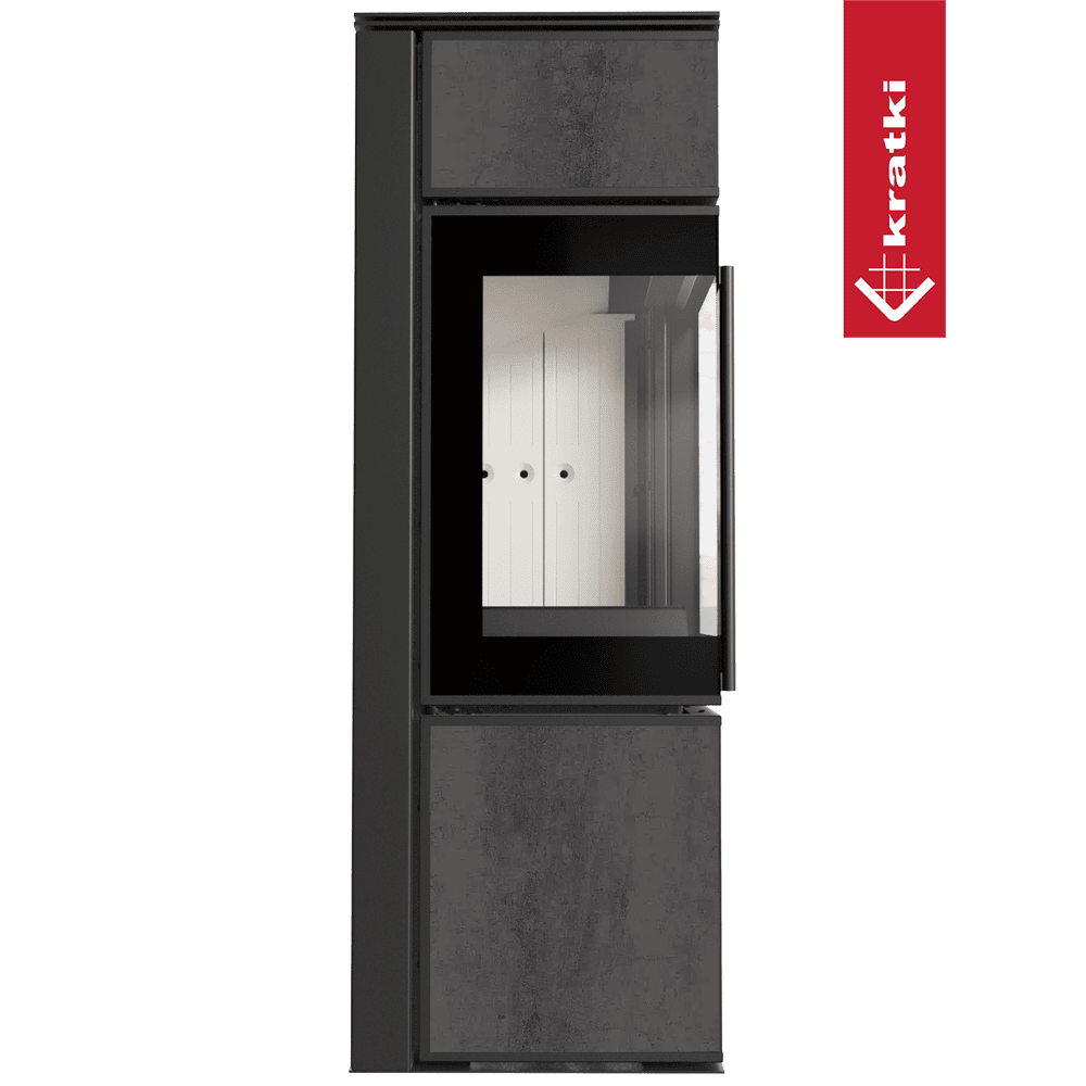Kratki Kaminofen aus Stahl TORA/S 8 kW Ø 150 Quarzsinter NATURALI PIETRA DI SAVOIA ANTRANCITE BOCCIARDATA