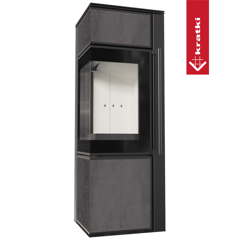 Kratki Kaminofen aus Stahl KRATKI TORA/S 8 kW Ø 150 Quarzsinter NATURALI PIETRA DI SAVOIA ANTRANCITE BOCCIARDATA mit Türfeder