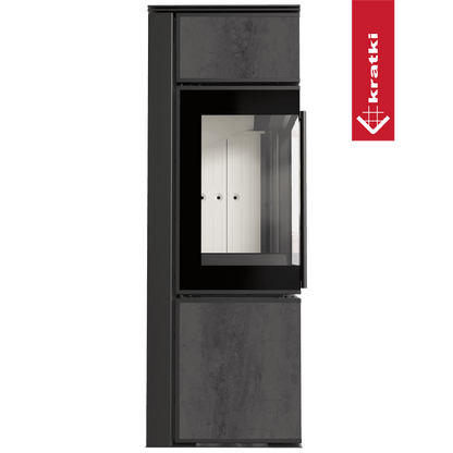 Kratki Kaminofen aus Stahl KRATKI TORA/S 8 kW Ø 150 Quarzsinter NATURALI PIETRA DI SAVOIA ANTRANCITE BOCCIARDATA mit Türfeder