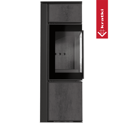 Kratki Kaminofen aus Stahl KRATKI TORA/S 8 kW Ø 150 Quarzsinter NATURALI PIETRA DI SAVOIA ANTRANCITE BOCCIARDATA schwarz Verkleidung