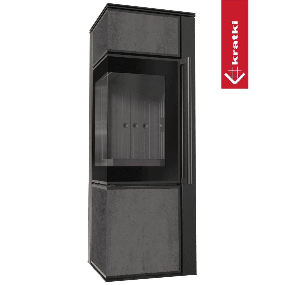 Kratki Kaminofen aus Stahl KRATKI TORA/S 8 kW Ø 150 Quarzsinter NATURALI PIETRA DI SAVOIA ANTRANCITE BOCCIARDATA schwarz Verkleidung mit Türfeder