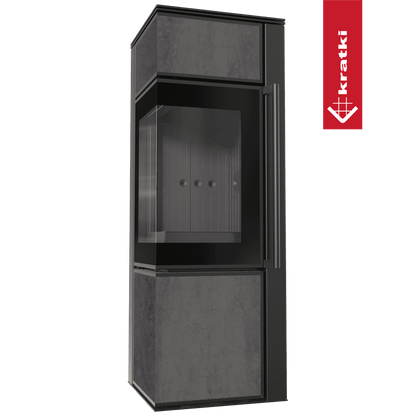 Kratki Kaminofen aus Stahl KRATKI TORA/S 8 kW Ø 150 Quarzsinter NATURALI PIETRA DI SAVOIA ANTRANCITE BOCCIARDATA schwarz Verkleidung mit Türfeder
