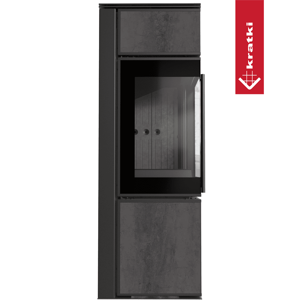 Kratki Kaminofen aus Stahl KRATKI TORA/S 8 kW Ø 150 Quarzsinter NATURALI PIETRA DI SAVOIA ANTRANCITE BOCCIARDATA schwarz Verkleidung mit Türfeder