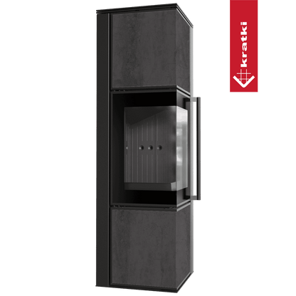 Kratki Kaminofen aus Stahl KRATKI TORA/M 8 kW Ø 150 Quarzsinter NATURALI PIETRA DI SAVOIA ANTRANCITE BOCCIARDATA schwarz Verkleidung mit Türfeder