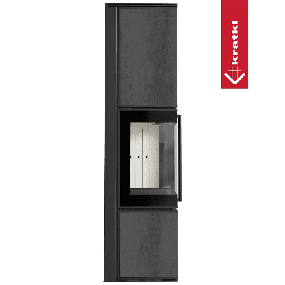 Kratki Kaminofen aus Stahl KRATKI TORA/L 8 kW Ø 150 Quarzsinter NATURALI PIETRA DI SAVOIA ANTRANCITE BOCCIARDATA