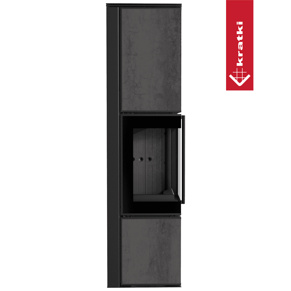 Kratki Kaminofen aus Stahl KRATKI TORA/L 8 kW Ø 150 Quarzsinter NATURALI PIETRA DI SAVOIA ANTRANCITE BOCCIARDATA schwarz Verkleidung mit Türfeder