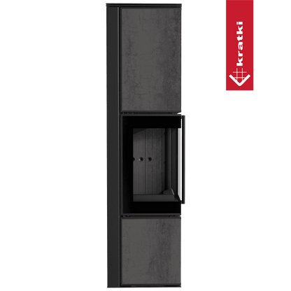 Kratki Kaminofen aus Stahl KRATKI TORA/L 8 kW Ø 150 Quarzsinter NATURALI PIETRA DI SAVOIA ANTRANCITE BOCCIARDATA schwarz Verkleidung mit Türfeder