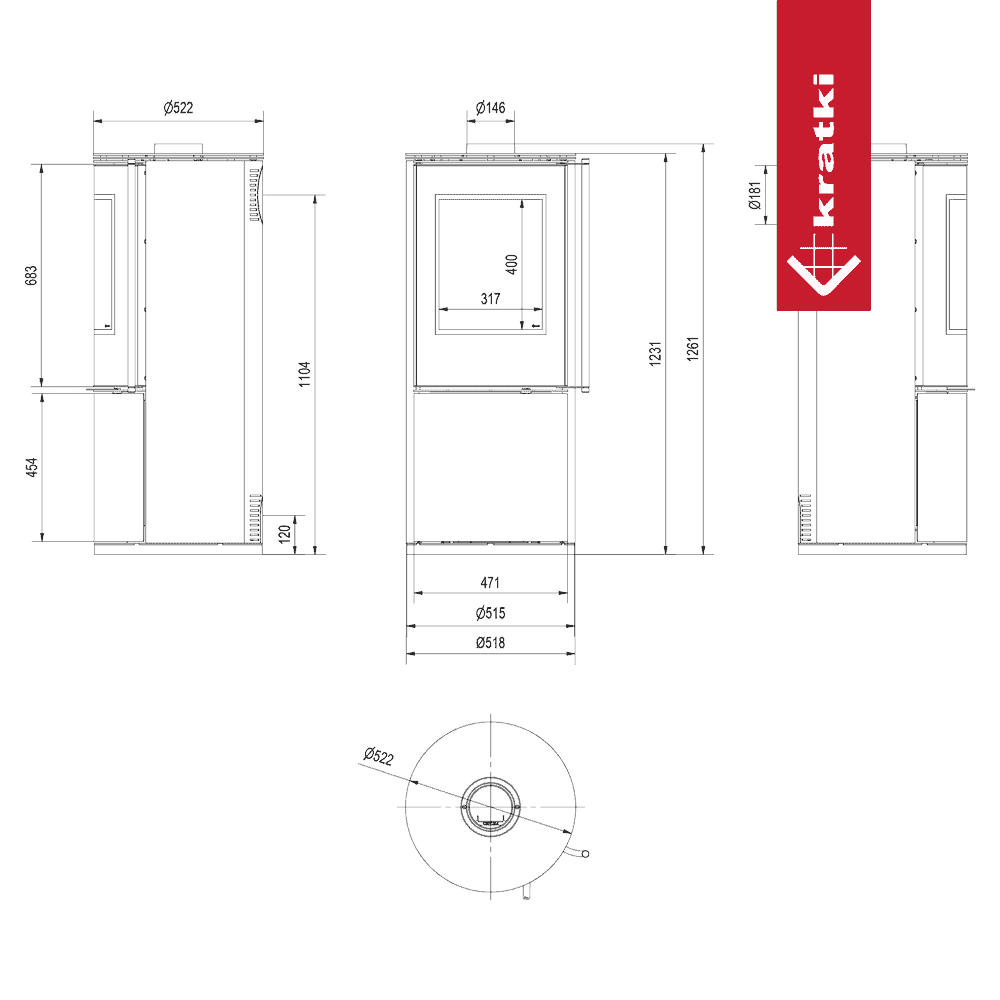 Kratki Kaminofen aus Stahl KRATKI SVEN Ø 150 7 kW schwarz Verkleidung