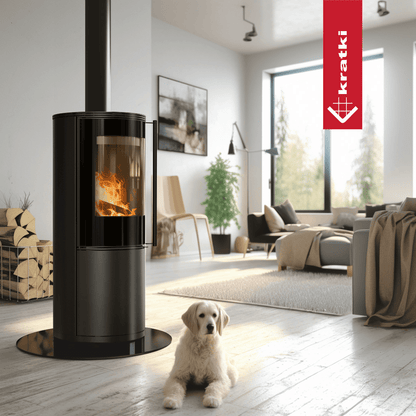 Kratki Kaminofen aus Stahl KRATKI SVEN Ø 150 7 kW schwarz Verkleidung mit Türfeder