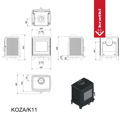 Kratki Gußeisen Kaminofen KRATKI K11 Ø 150 6 kW mit Türfeder