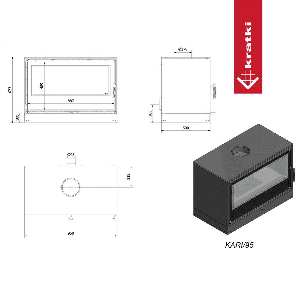Kratki Kaminofen aus Stahl KRATKI KARI 95 Ø 180 14 kW schwarz Verkleidung mit Türfeder