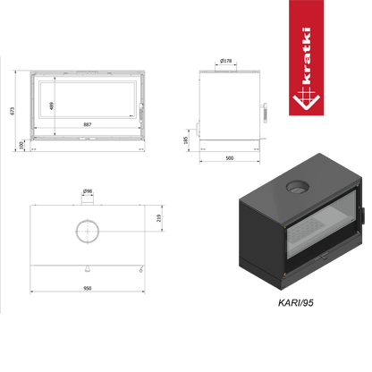 Kratki Kaminofen aus Stahl KRATKI KARI 95 Ø 180 14 kW schwarz Verkleidung mit Türfeder